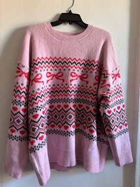 Fashion Nova Pink Knit Crewneck Sweater with Red & Black Fair Isle